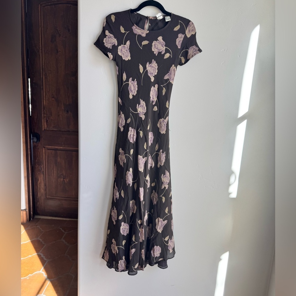 Vintage Chocolate Brown Floral Silk Midi Dress 4 Boho Coquette Y2K Cottagecore